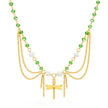 PRAO Necklace Anti-Tarnish Bead Pearl Bib Dragonfly