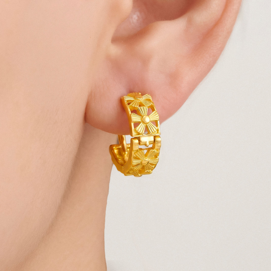 PRAO Earrings Anti-Tarnish Textured Floral Hoops