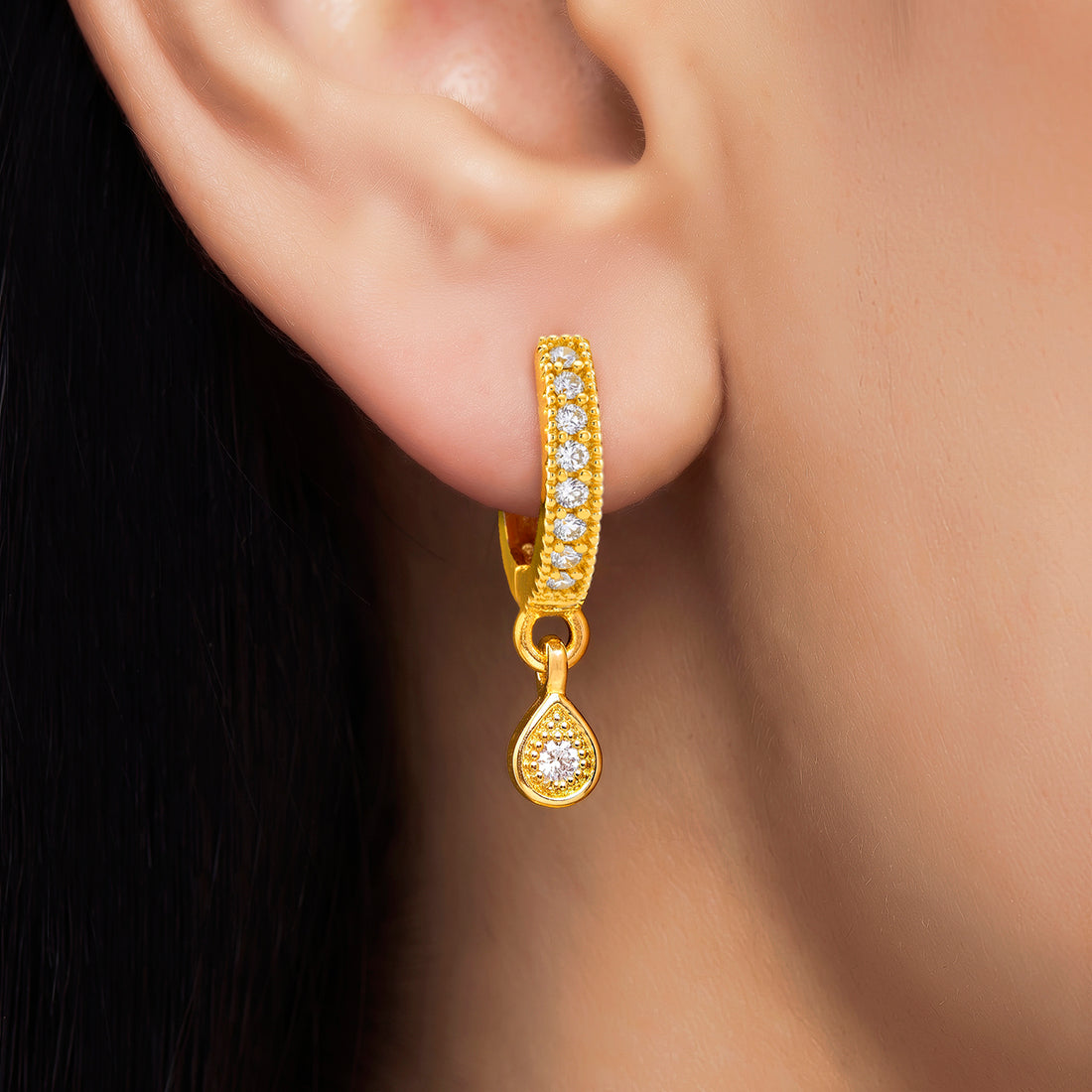 PRAO Earrings Anti-Tarnish Patterned Crystal Dangle Hoop