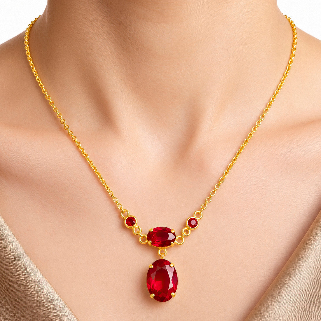 PRAO Necklace Anti-Tarnish Ruby Red Oval Crystal Pendant
