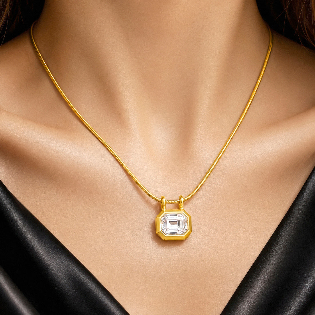 PRAO Necklace Anti-Tarnish Gold Plated Octagon Crystal
