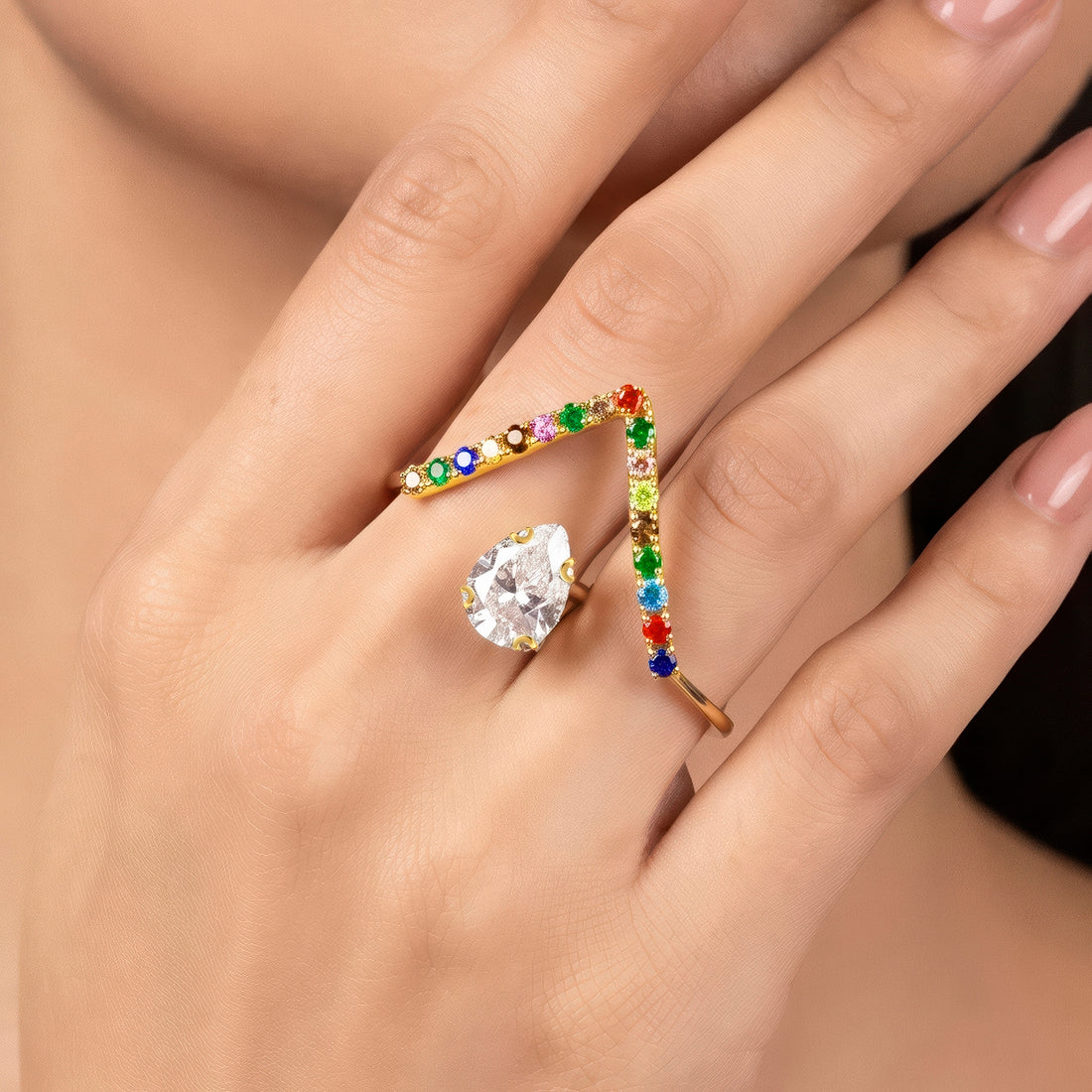 PRAO Ring Anti-Tarnish Multicolor Pear Statement (Adjustable Size)
