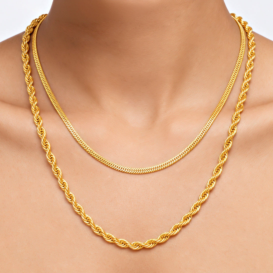 PRAO Necklace Anti-Tarnish Layered Herringbone Rope