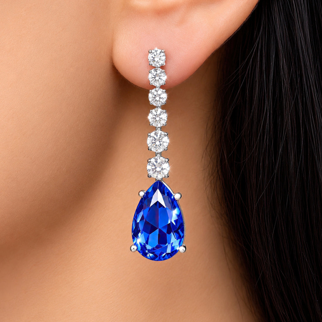 PRAO Earrings Anti-Tarnish Royal Blue Teardrop Crystal