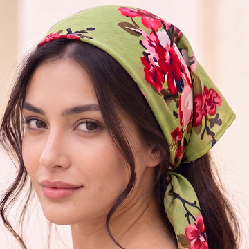PRAO Scarf Necklace Green Floral Printed Pattern