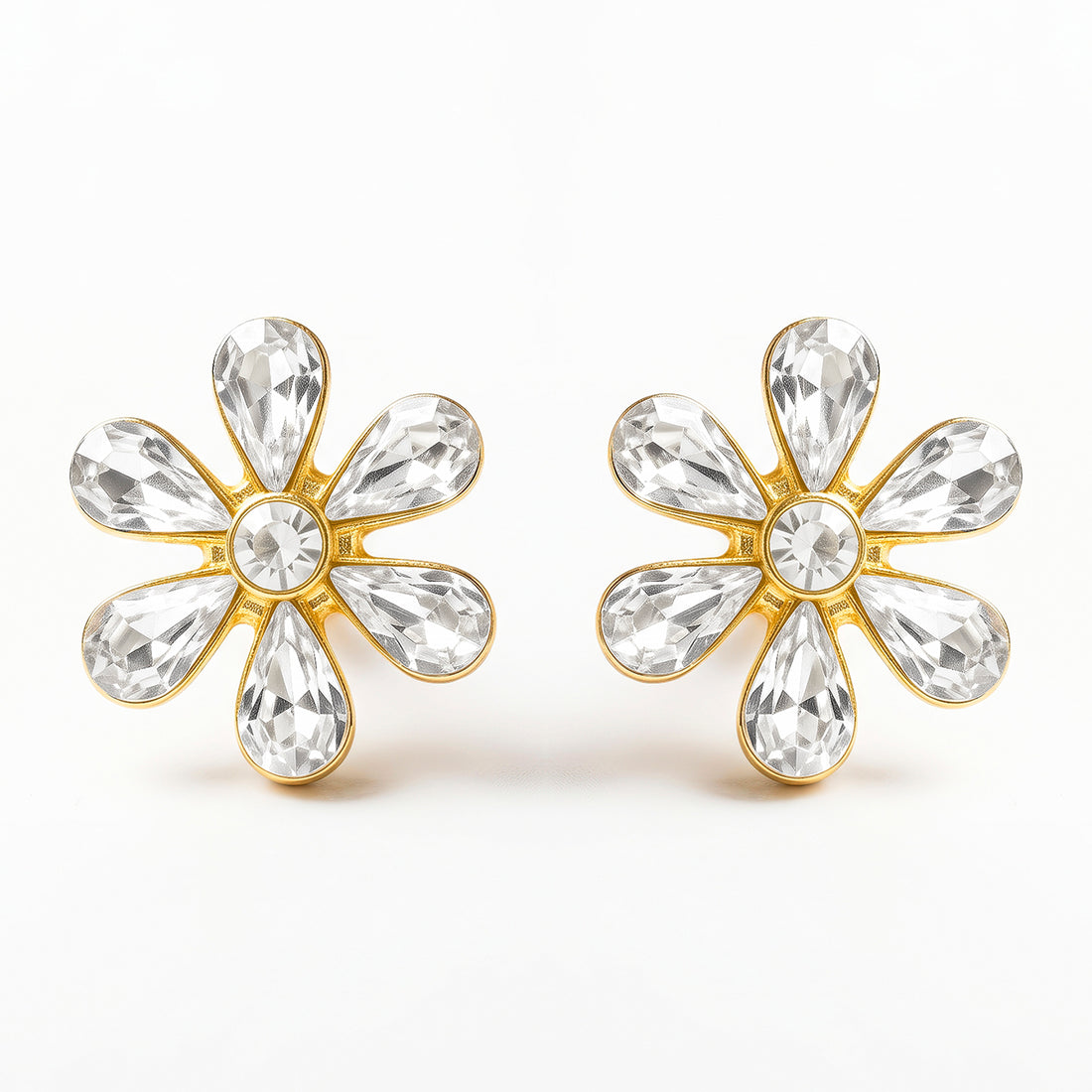 PRAO Earrings Anti-Tarnish Six Petal Crystal Flower