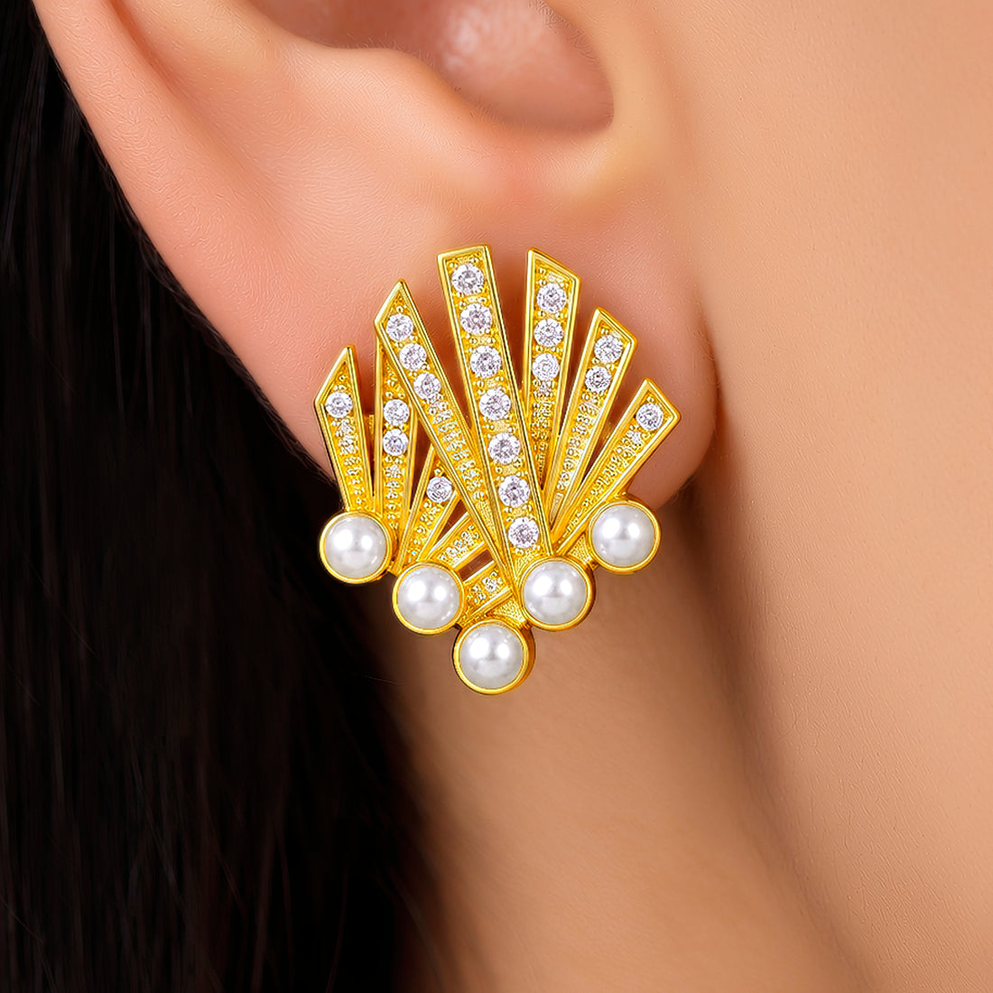 PRAO Earrings Anti-Tarnish Art Deco Fan Crystal Pearl