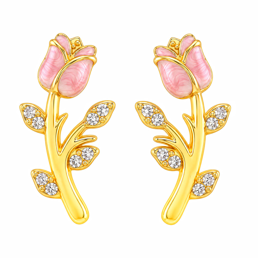 PRAO Earrings Anti-Tarnish Tulip Pink Enamel Crystal