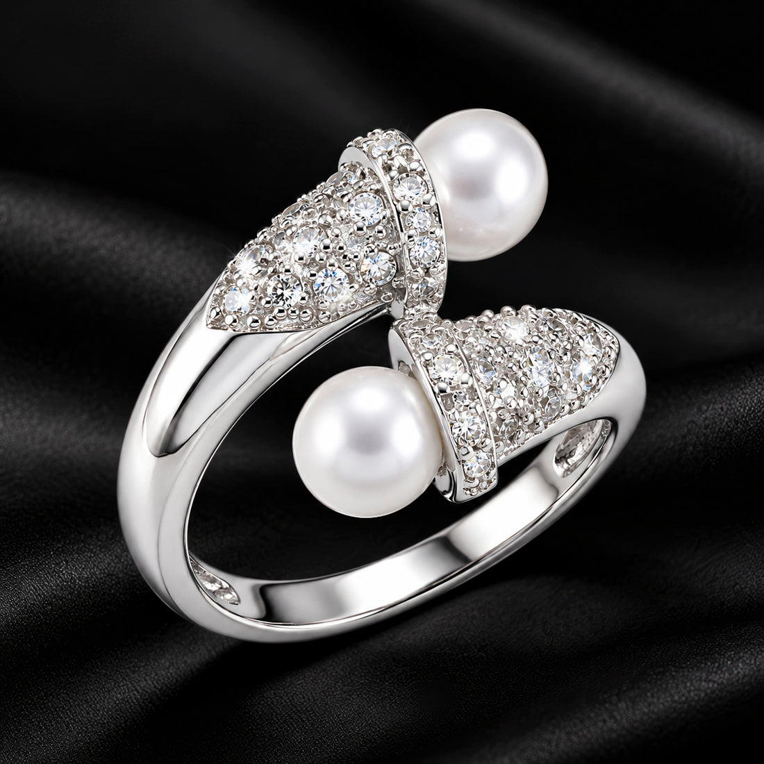 PRAO Ring Anti-Tarnish Pearl Crystal Open Band (Adjustable Size)
