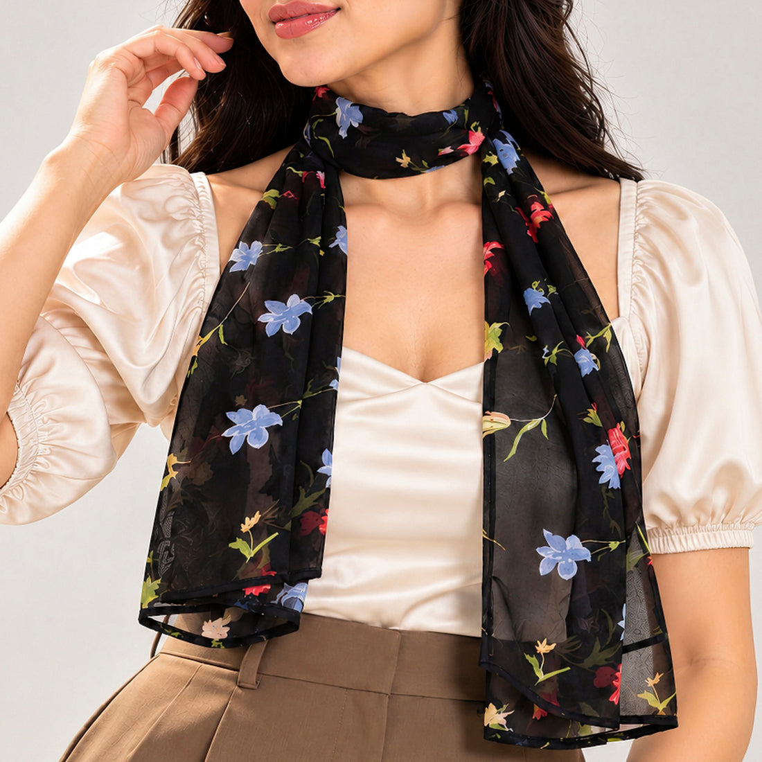 PRAO Scarf Black Colorful Floral Pattern