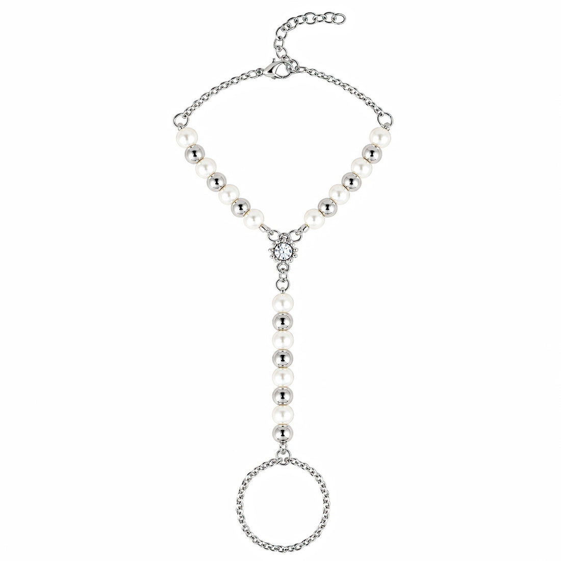 PRAO Bracelet Cum Ring Anti-Tarnish Pearl Crystal Hand Chain (Adjustable Size)