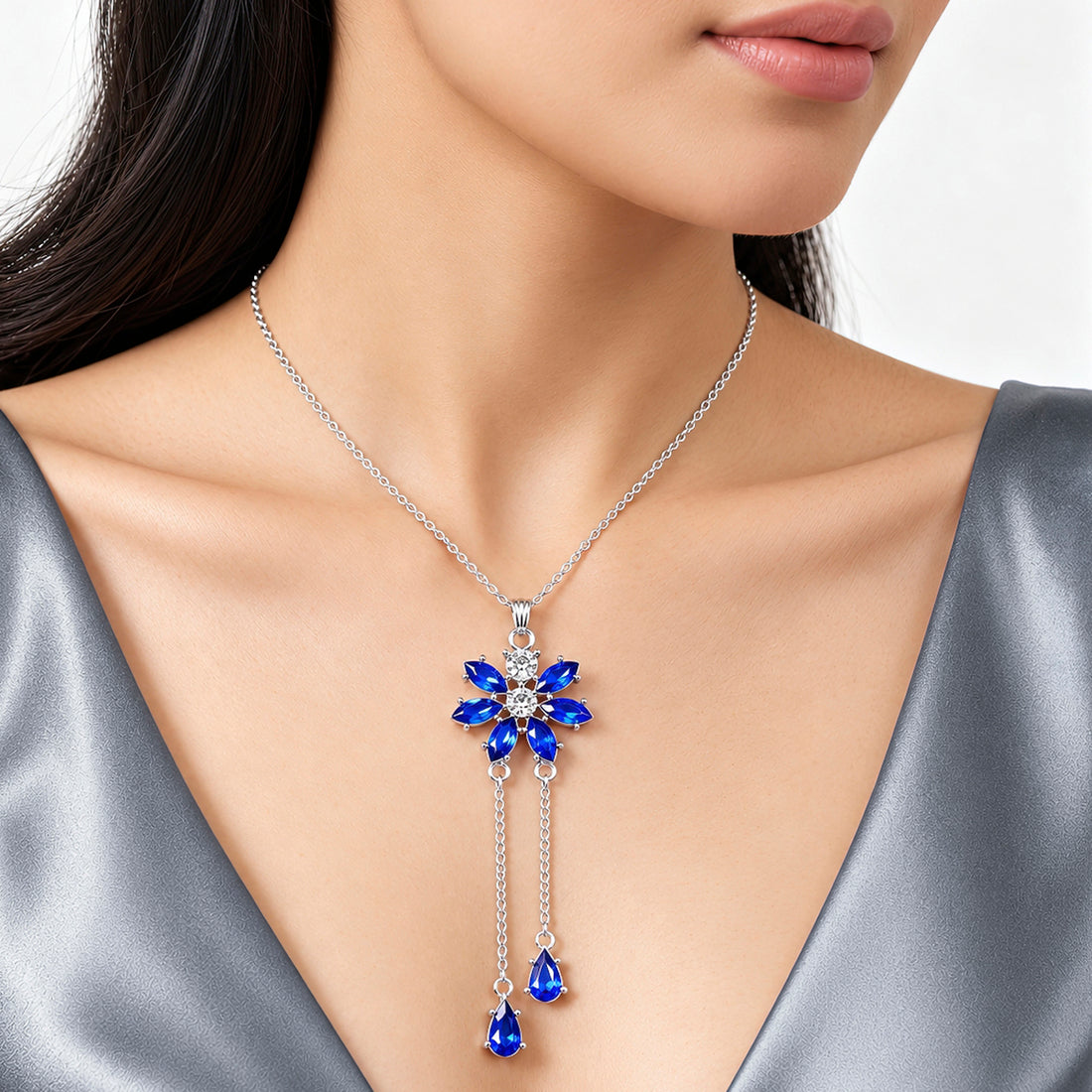 PRAO Necklace Anti-Tarnish Rhinestone Chain Flower Lariat