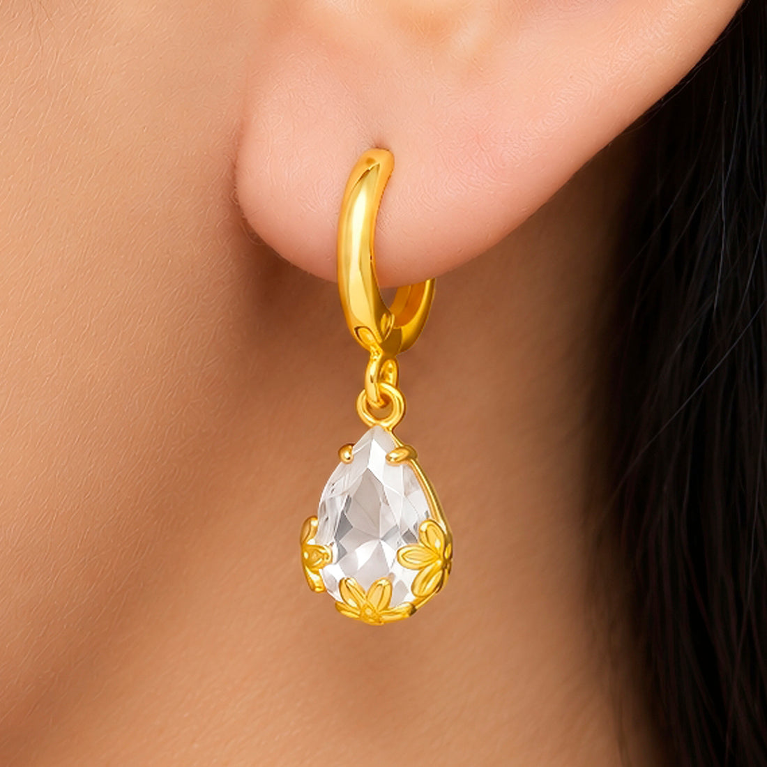 PRAO Earrings Anti-Tarnish Floral Prong Teardrop Crystal