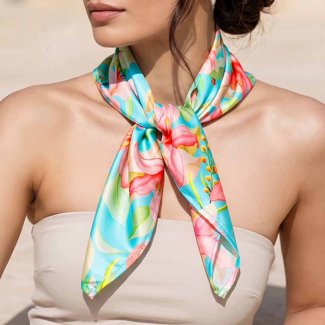 PRAO Scarf Necklace Blue Floral Printed Pattern