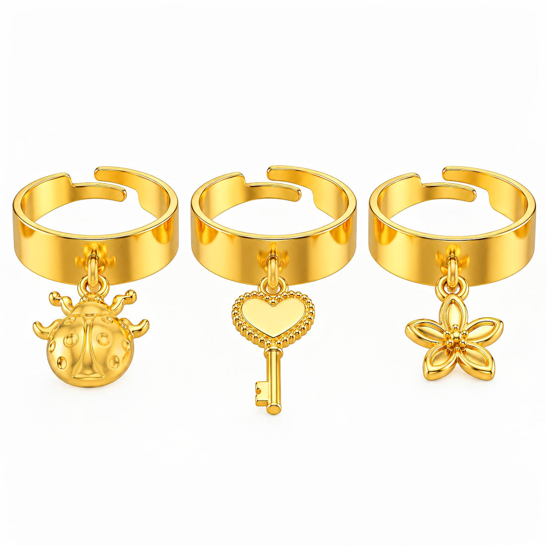 PRAO Rings Anti-Tarnish 5 Gold Plated Charms Set (Adjustable Size)