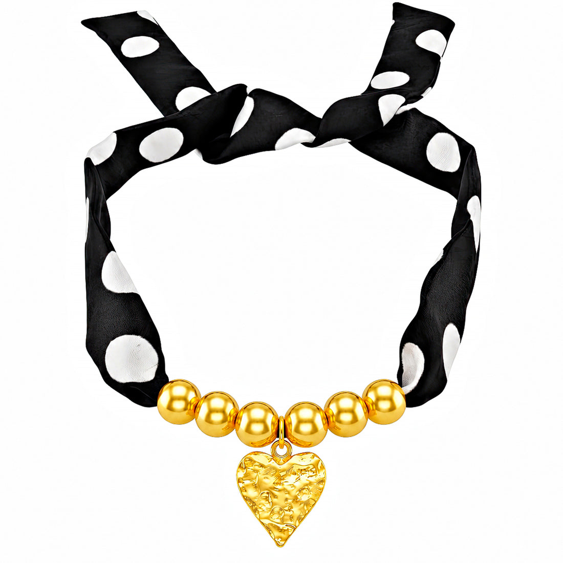 PRAO Scarf Necklace Black White Polka Dot Hammered Heart