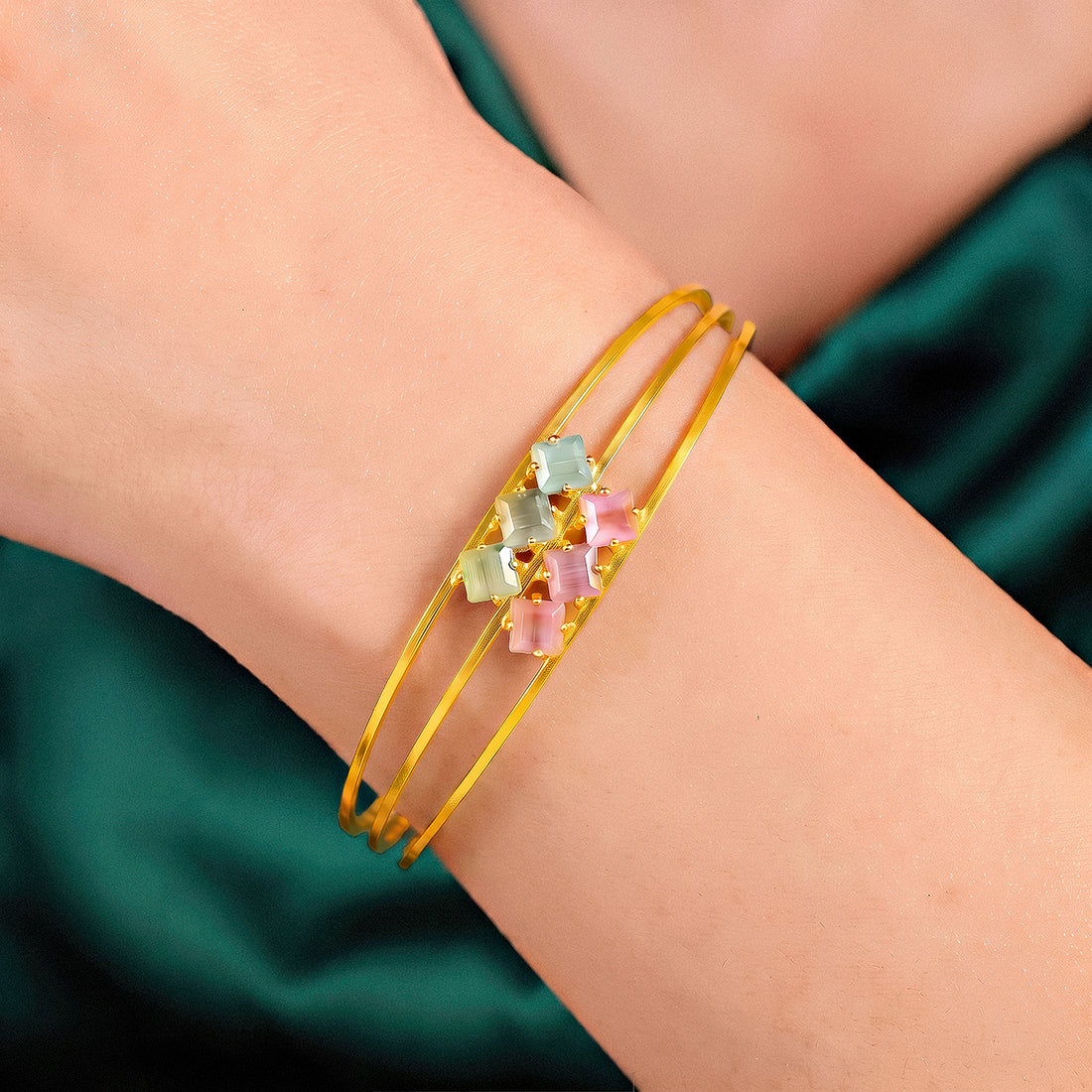 PRAO Bracelet Anti-Tarnish Triple Line Crystal Bangle (Adjustable Size)
