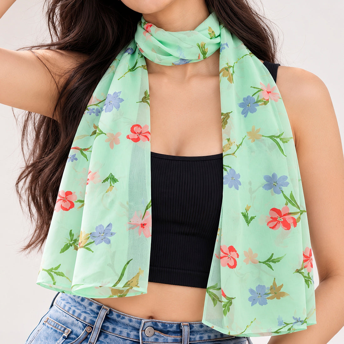 PRAO Scarf Light Green Delicate Floral Pattern