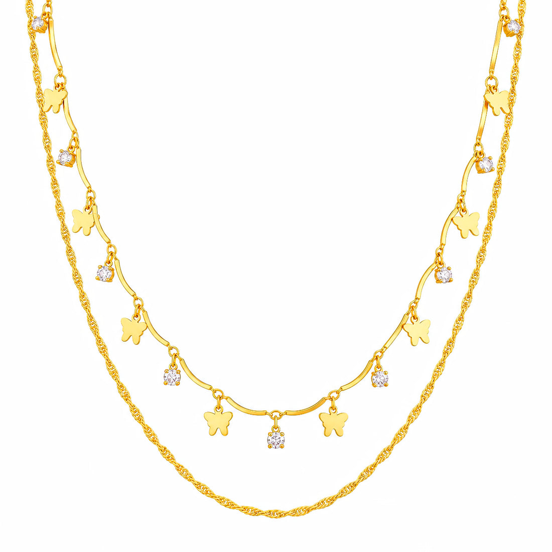 PRAO Necklace Anti-Tarnish Layered Butterfly Curb Chain
