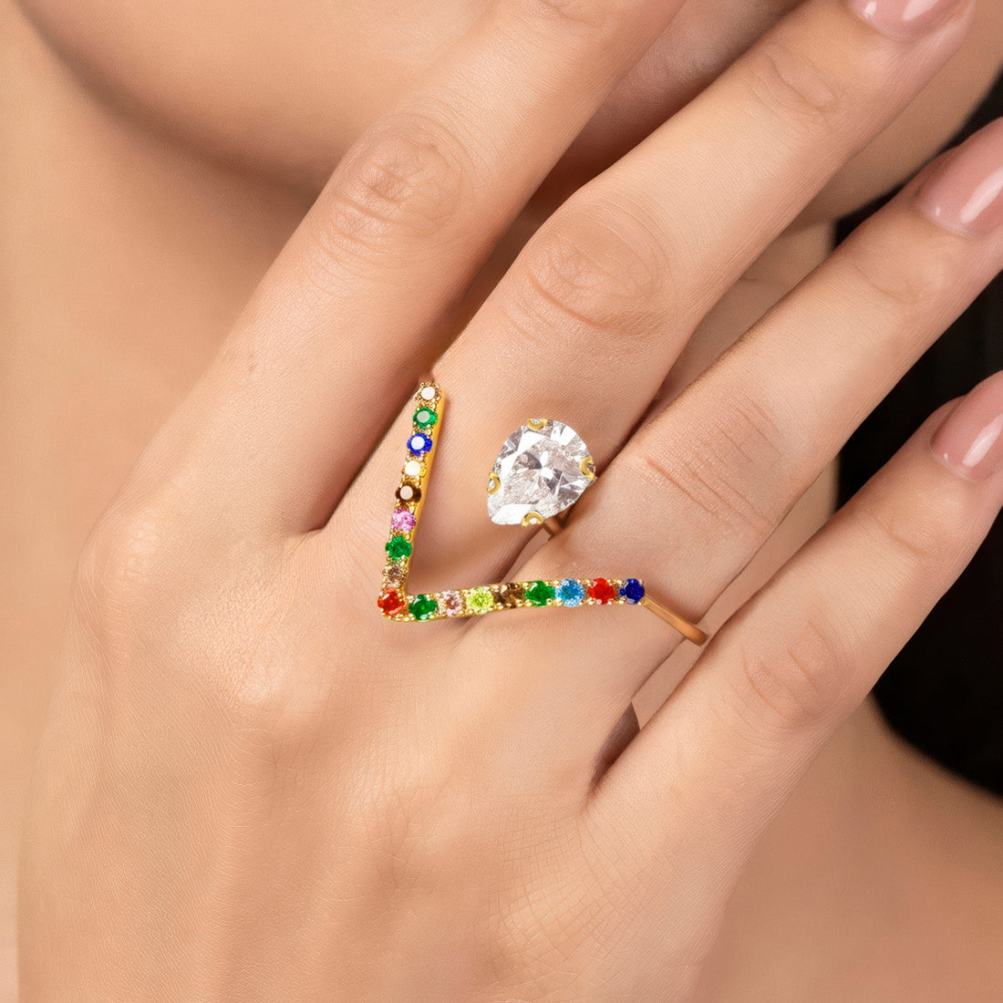 PRAO Ring Anti-Tarnish Multicolor Pear Statement (Adjustable Size)