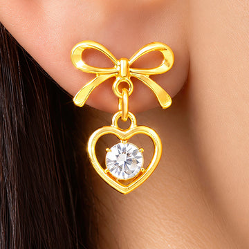 PRAO Earrings Anti-Tarnish Bow Heart Crystal Drop