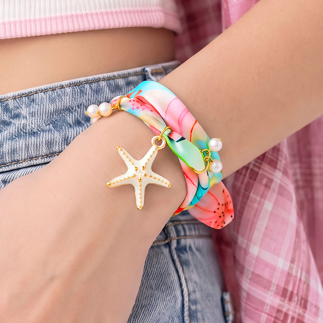 PRAO Necklace Cum Bracelet Anti-Tarnish Floral Ribbon Starfish Pearl