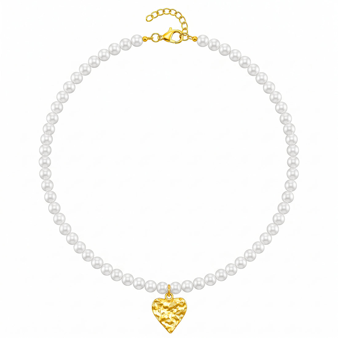 PRAO Necklace Anti-Tarnish White Pearl Hammered Heart Pendant