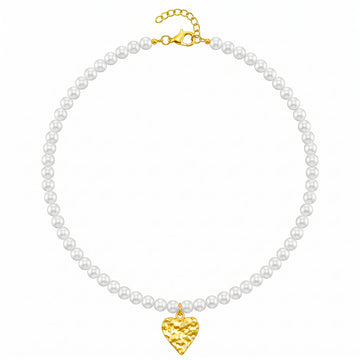 PRAO Necklace Anti-Tarnish White Pearl Hammered Heart Pendant