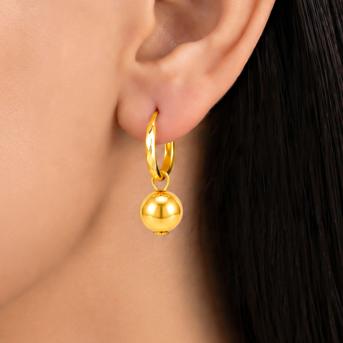 PRAO Earrings Anti-Tarnish Gold Plated Ball Dangle Hoop