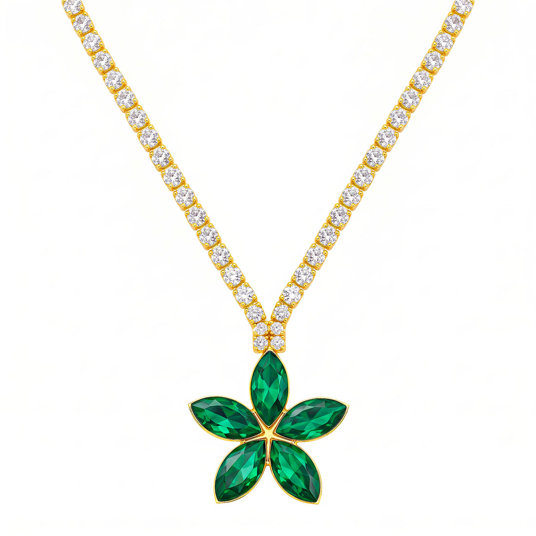 PRAO Necklace Anti-Tarnish Emerald Flower Pendant