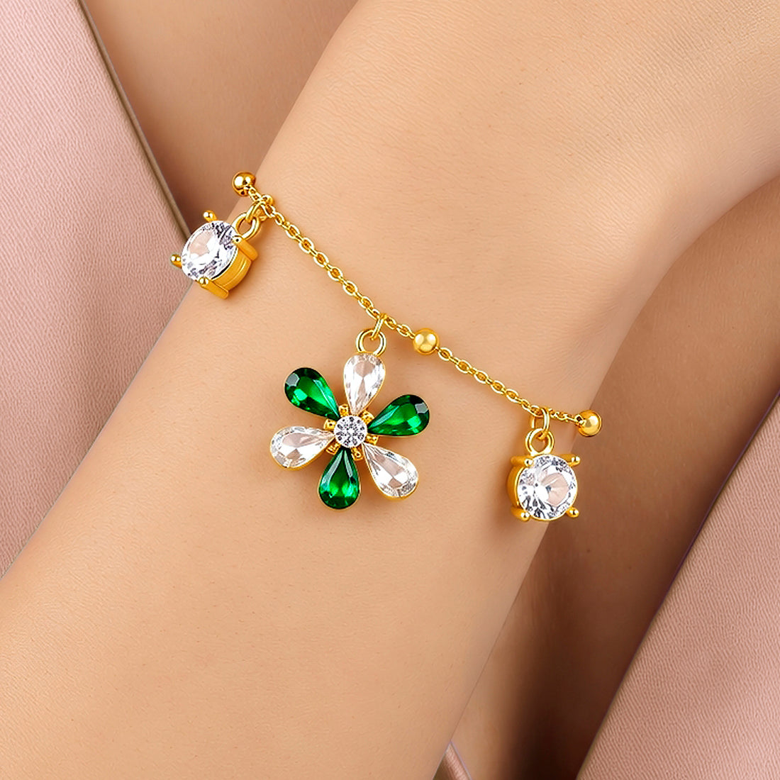 PRAO Bracelet Anti-Tarnish Crystal Flowers Charms Chain (Adjustable Size)