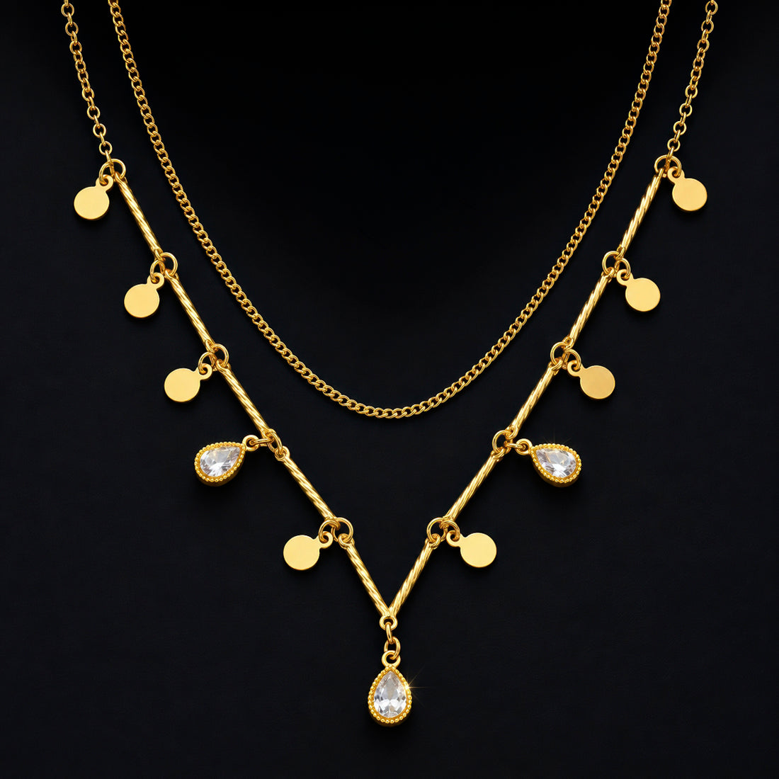 PRAO Necklace Anti-Tarnish Gold Plated Triple Layer Chains With Charms