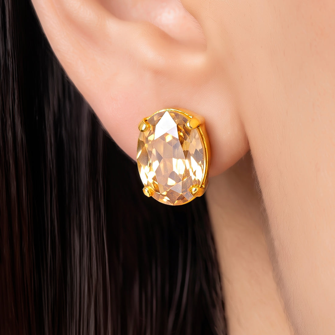 PRAO Earrings Anti-Tarnish Oval Champagne Crystal Stud