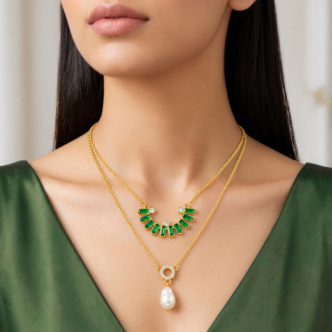 PRAO Necklace Anti-Tarnish Layered Baguette Crystal Pearl