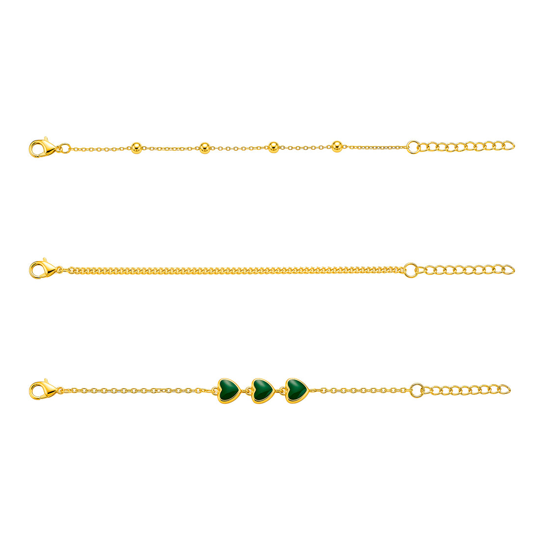 PRAO 3 Bracelet Anti-Tarnish Layered Set With Heart Charm And Cuban Link (Adjustable Size)