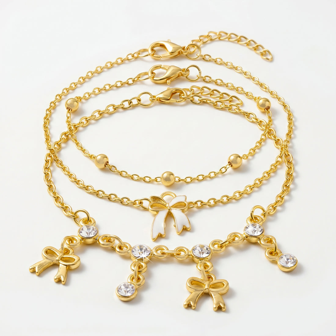 PRAO 3 Bracelet Anti-Tarnish Three-Piece Set With Bows And Crystal Accents (Adjustable Size)
