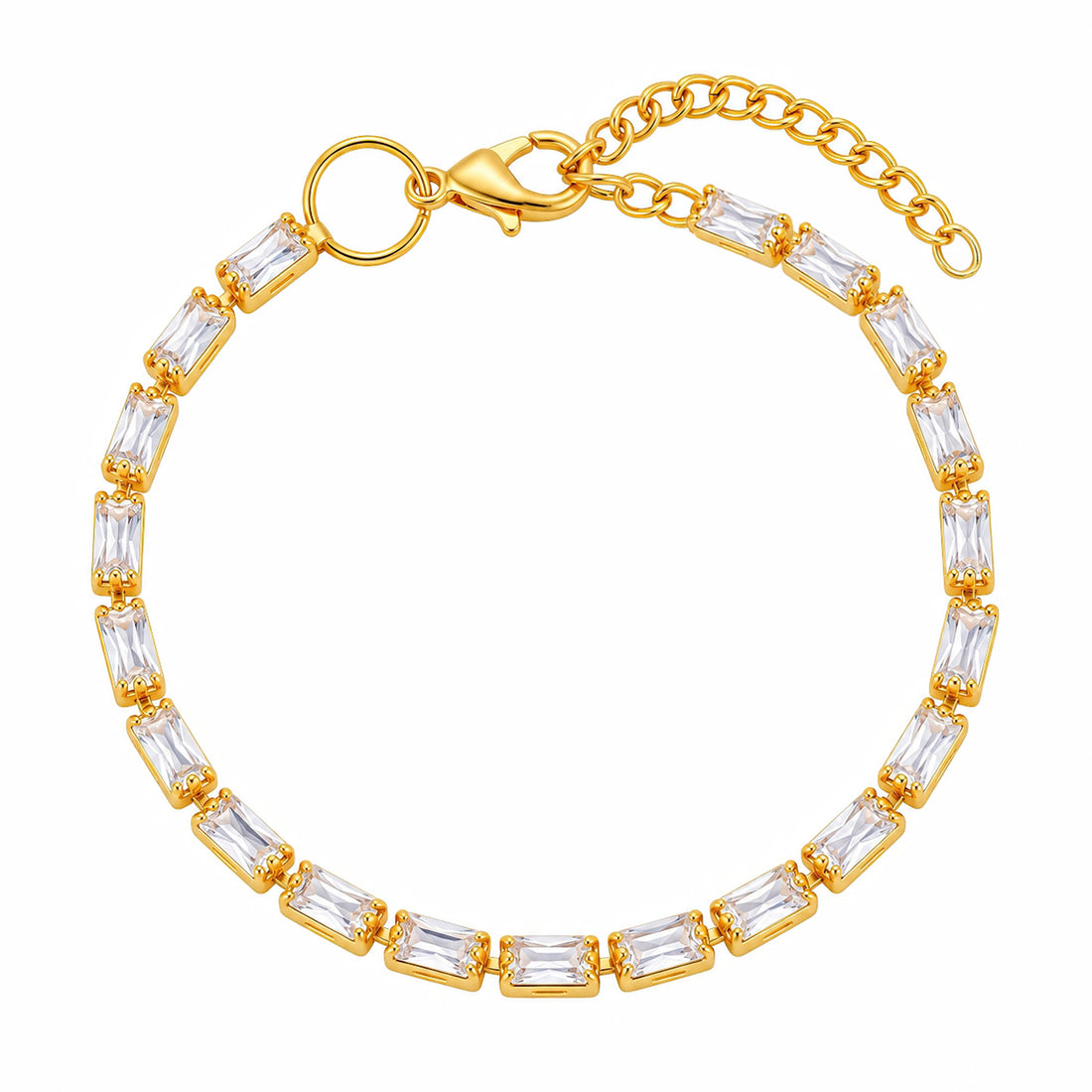 PRAO Bracelet Anti-Tarnish Gold Plated Baguette Crystal Link (Adjustable Size)