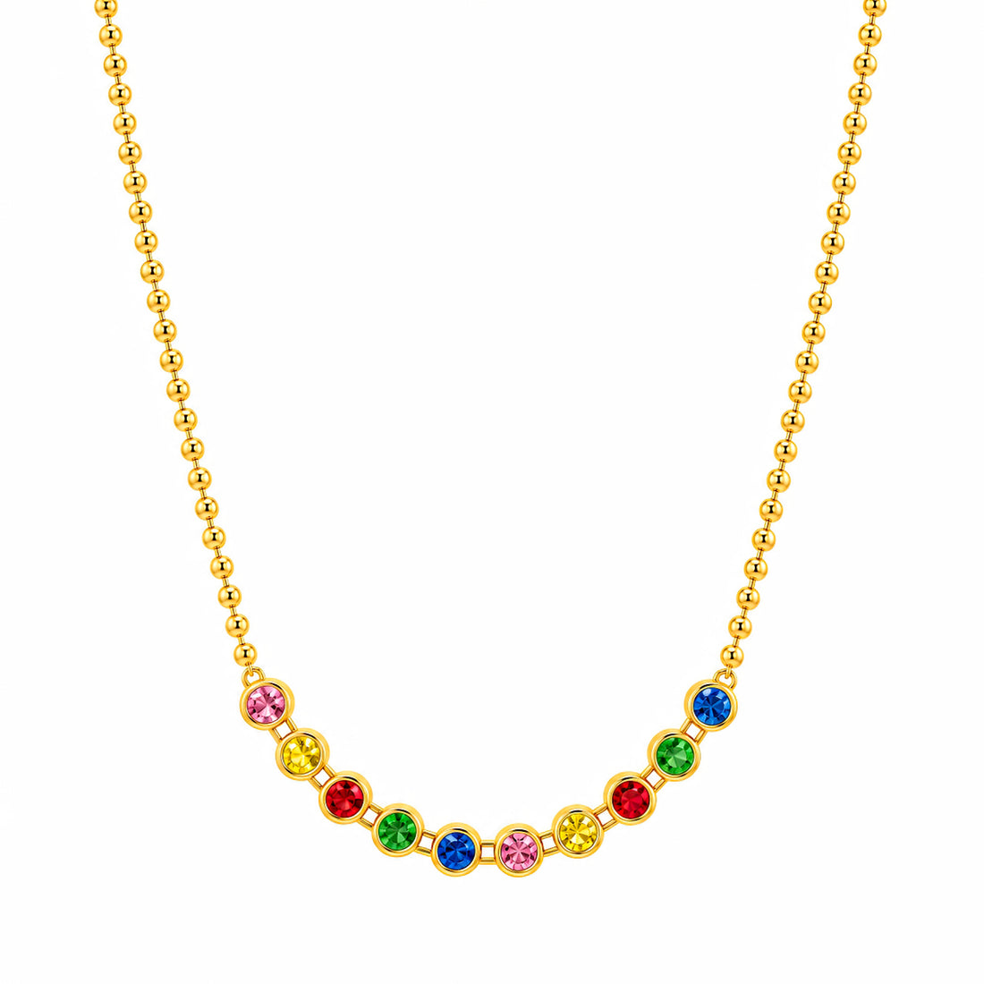 PRAO Necklace Anti-Tarnish Multi-Crystals & Ball Chain Single-Line