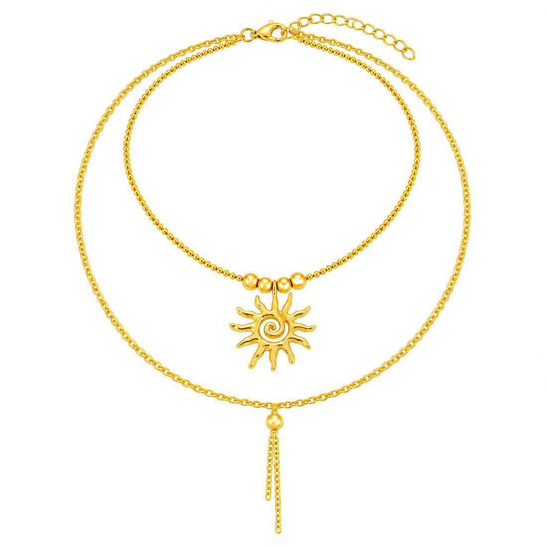PRAO Necklace Anti-Tarnish Layered Sun Tassel Pendant