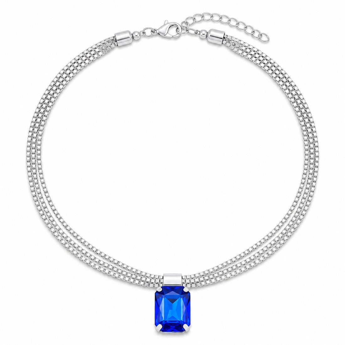 PRAO Necklace Anti-Tarnish Silver-Tone Blue Sapphire Crystal Box Chain