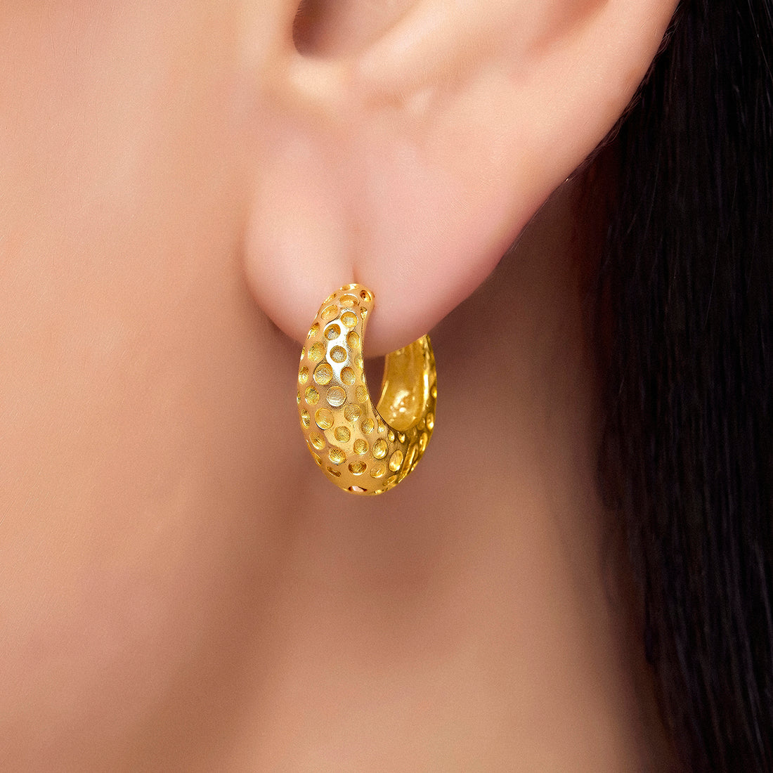 PRAO Earrings Anti-Tarnish Chunky Hammered Hoops