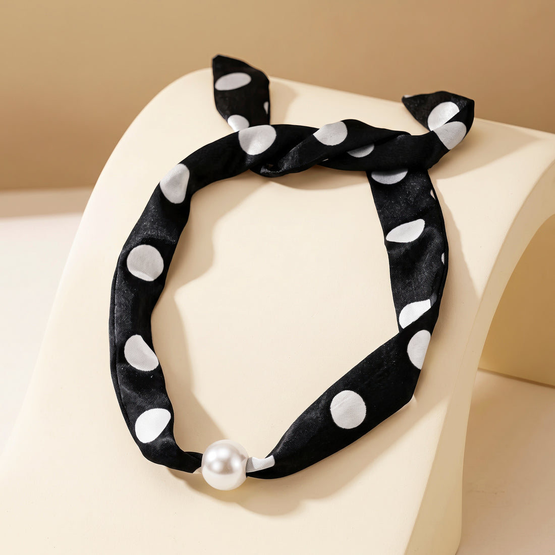 PRAO Necklace Black White Polka Dot Pearl Ribbon