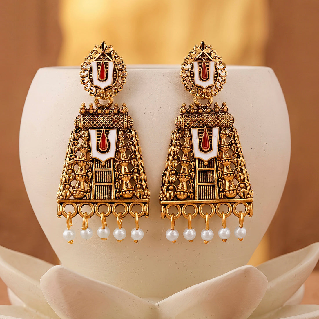PRAO Earrings Anti-Tarnish Temple Design Pearl Drop