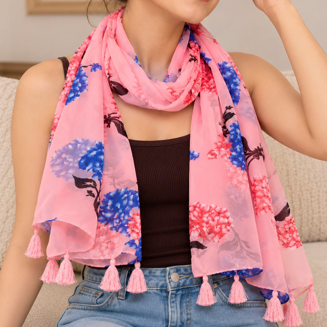 PRAO Scarf Pink Blue Coral Hydrangea Floral Pattern Tassels