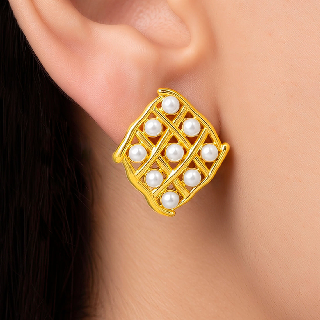 PRAO Earrings Anti-Tarnish Diamond Lattice Pearl Stud