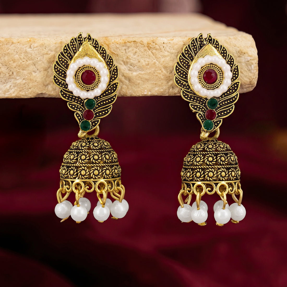 PRAO Earrings Anti-Tarnish Pearl Red Stone Jhumka