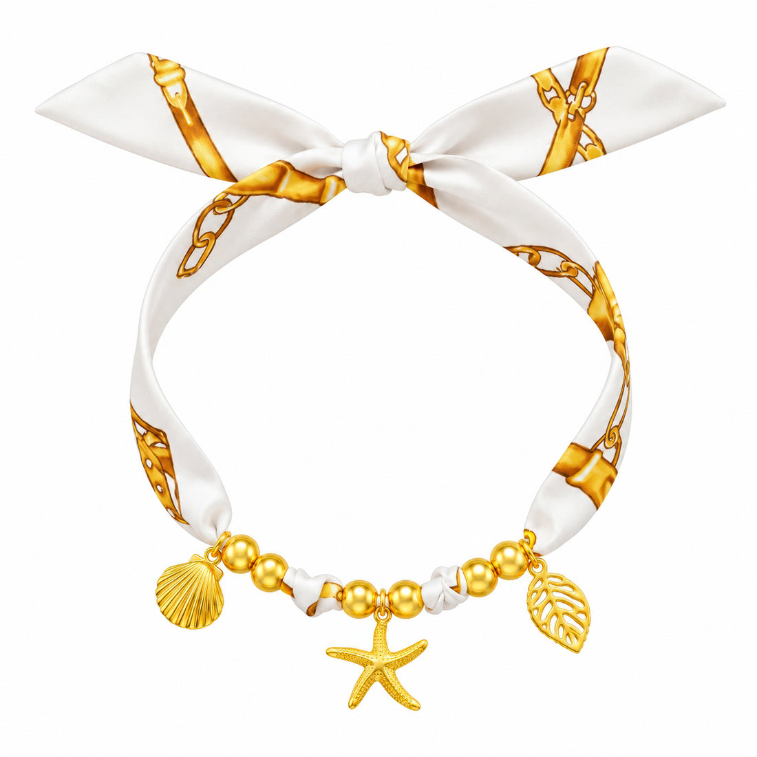 PRAO Scarf Necklace White Gold Patterned Ribbon Seashell Starfish Leaf Charms