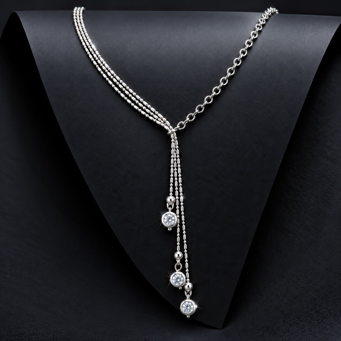 PRAO Necklace Anti-Tarnish Silver Capsule Chain Y-Shape With Crystal Highlights