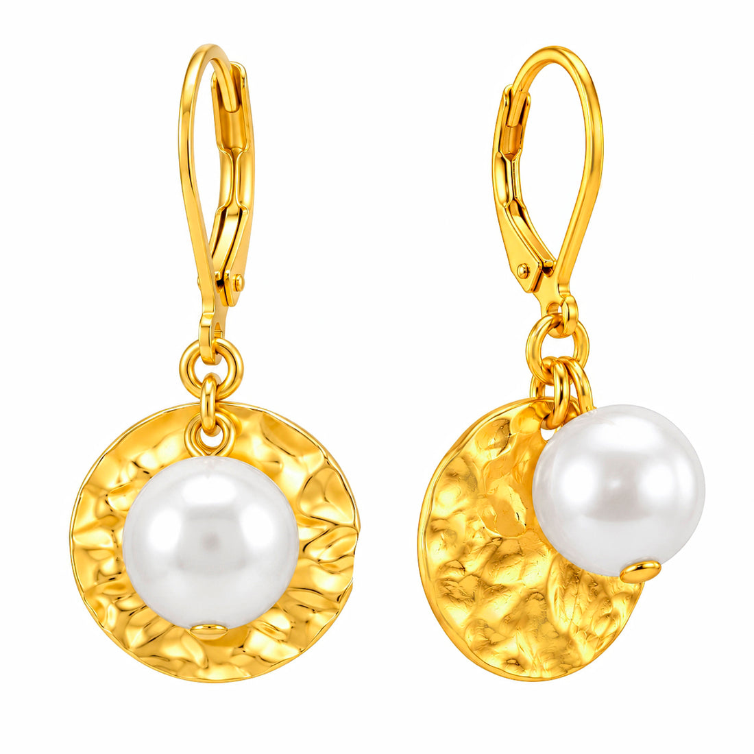PRAO Earrings Anti-Tarnish Pearl Hammered Coin Drop