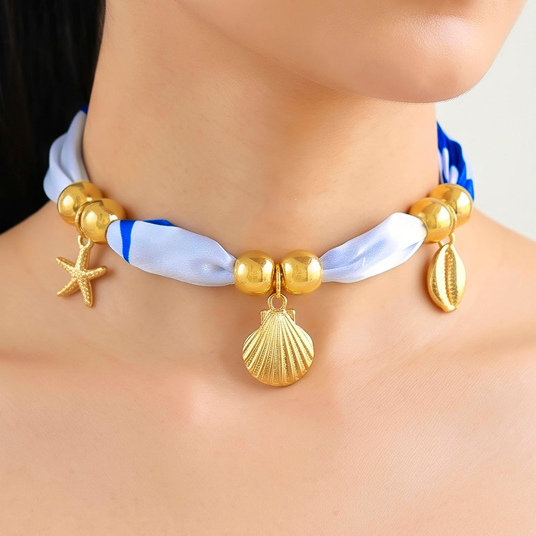 PRAO Necklace Anti-Tarnish Blue White Ocean Charm Scarf